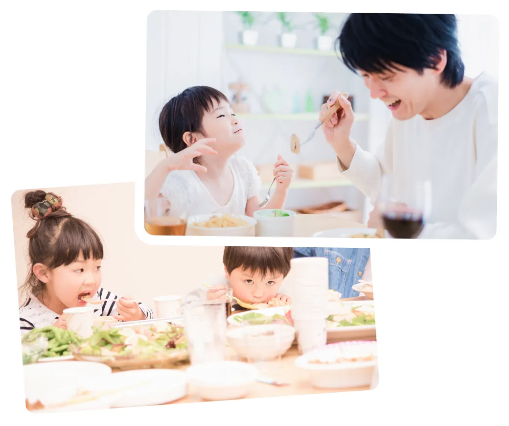 柔らかい食事をとる子どもたち
